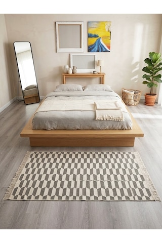 3d Küp Desenli Pamuklu Dokuma Çift Taraflı Kilim Yıkanabilir Modern Yolluk Kaymaz Dekoratif Halı Gri