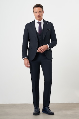 Morven Erkek Lacivert Poliviskon Basic Yelekli Jakar Desen Slim Fit Sivri Yaka Takım Elbise Lacivert