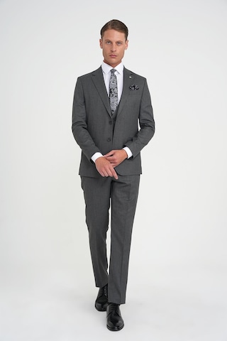Efor Slim Fit Çift Yırtmaç Balıksırtı Desenli Yelekli Füme Takım Elbise Tk 923 Füme