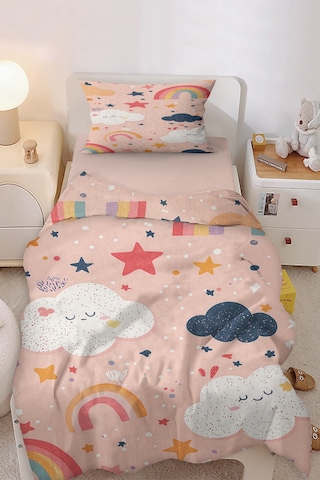 Renkli Hayaller Gökkuşağı Bulut Tek Kişilik Çocuk Nevresim Seti Pembe