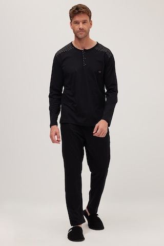Tudors Erkek Standart Fit Normal Kesim %100 Pamuk Bisiklet Yaka Beli Lastikli Siyah Pijama Takımı-37947 Siyah