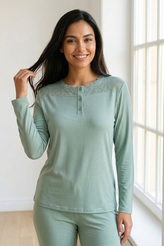 Aura Collections Kadın Dantelli Bambu Viskon Uzun Kollu Mevsimlik Soft Örme Pijama Takımı Yeşil