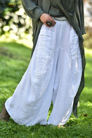 Bohem Stil İtalyan Cepli Keten Şalvar Pantolon Cmn00154 Beyaz
