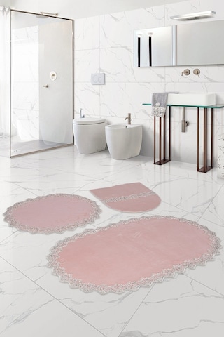 Bonny Home Venüs Pudra 3'lü Dantelli Banyo Paspası Seti Çeyizlik Pudra