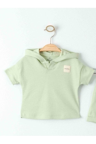 Zekids Bebek Organik Pamuklu Basic Kapüşonlu Tshirt Şortlu Takım-15908 Yesil