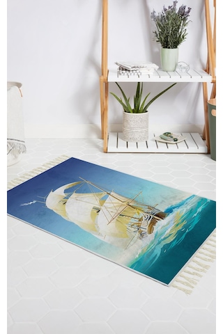Banyo Halısı Dijital Baskılı Banyo Paspası 50x80 Polyester Kaymaz Tabanlı Duş Paspası Ship Beyaz - Siyah
