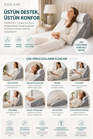 10 İn 1 Çok Yönlü Wedge Destek Yastığı, Sırt Bel Boyun Bacak Destek, Fermuarlı Kılıflı Beyaz