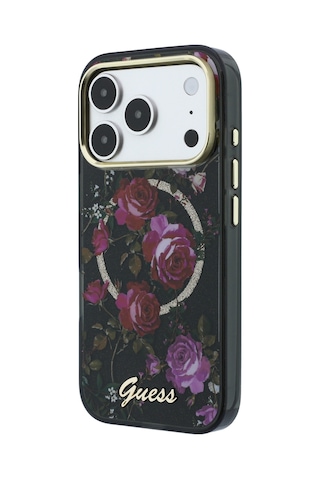 Apple iPhone 18 Pro Uyumlu Kılıf Guess Lisanslı M-safeli Gül Desenli Simli Yazı Logolu Kapak Siyah