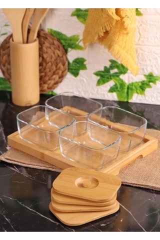 Bambum Krosna Plus Bambu Kapaklı Tepsili Cam Kahvaltı Seti 9 Parça Ahşap - Şeffaf