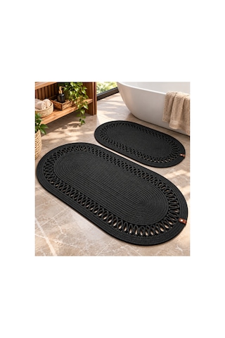 Oval Örgü Banyo Paspası Hasır Görünümlü Dekoratif Kaymaz Banyo Paspası 2 Adet Dekoratif Kutu Hediye Siyah Siyah