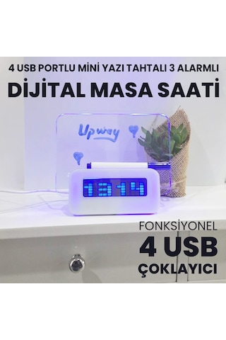 Upway 4 Adet Usb Çoklayıcı Not Panelli Dijital Masa Saati 3 Alarm Sıcaklık Takvim Doğum Günü Beyaz