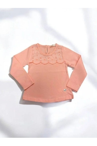 Kız Çocuk Çiçek Detaylı Pamuklu İnce Uzun Kollu Bluz-14829 Pembe