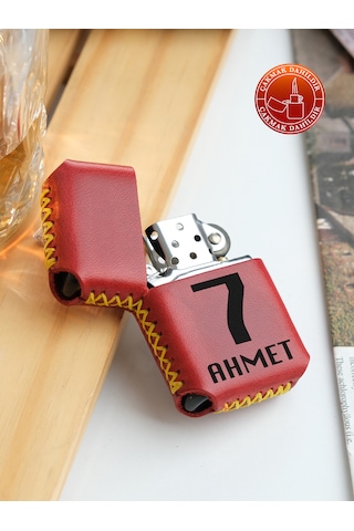 Hakiki Deri Kılıflı Sarı Kırmızı Taraftar Benzinli Çakmak
