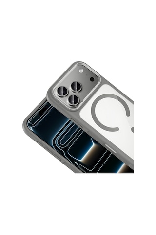 Apple Uyumlu iPhone 17 Pro Max - Apple Uyumlu iPhone 18 Pro Max Uyumlu Kılıf M-safe Şarj Özellikli Metal Kamera Çerçeveli Tiko Kapak Gri