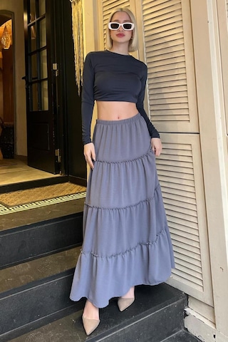 Madmext Füme Basic Pileli Kadın Uzun Etek Füme