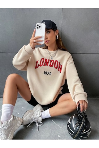 Altamira Unisex Bej London Baskılı Bisiklet Yaka Oversize Sweatshirt 001