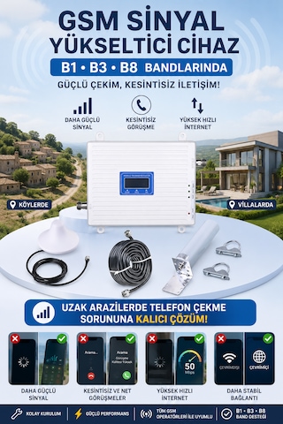 Gsm Sinyal Güçlendirici 3 Bant B1 2100mhz , B3 1800mhz Ve B8 900mhz 4.5g Ve 5g Destekli Yeni Üretim Serisi Şebeke Yükseltici