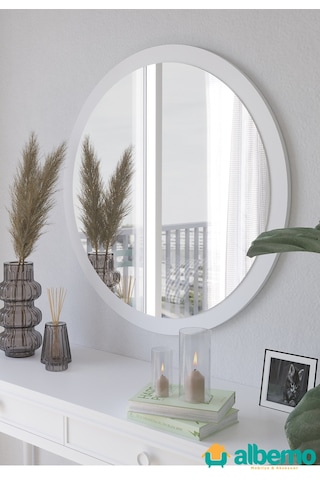 Usta Mekan Beyaz Ahşap Dekoratif Yuvarlak Antre Hol Koridor Duvar Salon Mutfak Banyo Wc Ofis Aynası 42 Cm