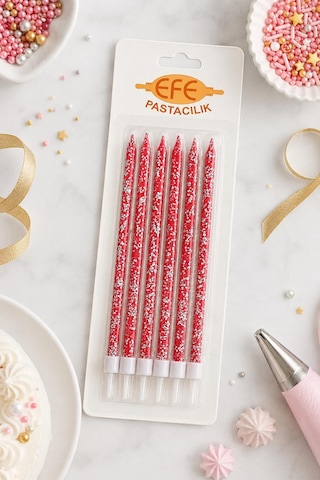 Kırmızı Gümüş Simli Uzun Pasta Mumu 17 Cm Karışık