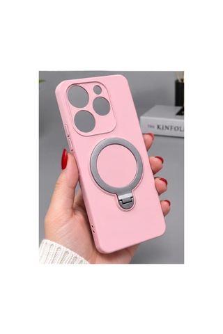 İnfinix Spark 10 Pro İle Uyumlu 360 Derece Dönebilen Kalın Metal Magsafe Halka Stantlı İçi Kadife Korumalı Ultra Lüx Premium Silikon Kılıf Pembe