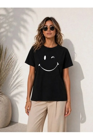 Defymoda Minimal Gülümseyen Yüz Baskılı Tişört Kısa Kol Yazlık T-shirt - Siyah