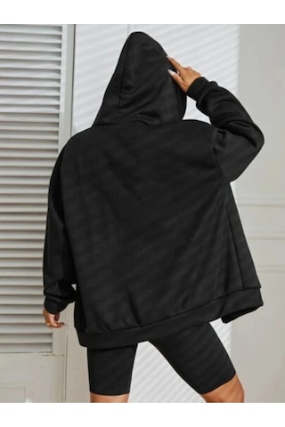 Relax&Basic Siyah 2 İp Örme Kumaş Kapüşonlu Fermuarlı Sweatshirt Siyah