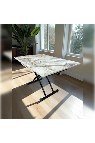 Ortadan Açılır Akıllı Masa Üst Mdf Beyaz Mermer Alt Ayak Siyah