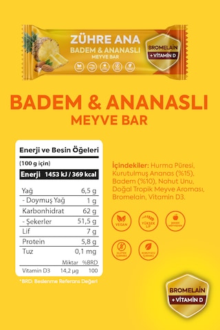 Bromelain Ve Vitamin D İçeren Meyve Bar, Şeker İlavesiz Badem Ve Ananaslı 35 Gr X 12 Adet