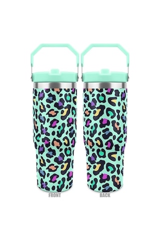 Trendooze Yeşil Leopar Desenli 30 Oz Paslanmaz Çelik Termos Çift Katmanlı Vakum Yalıtımlı Sızdırmaz Kapak Taşıma Saplı Kampçılı Yeşil