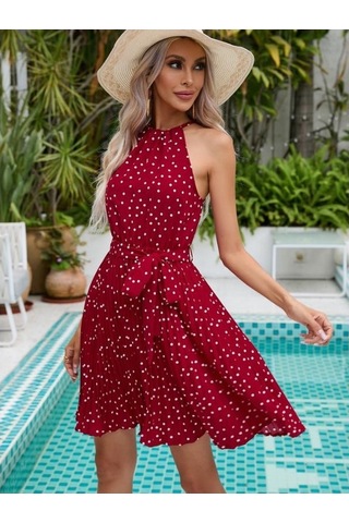 Novahub Yaz Kadın Elbise, Asılı Boyun, Pileli Plaj Elbise, Şarap Kırmızısı, Elastik Bel, Orta Etek, Lekeli Desen, Kolsuz, Polyester %100, Mizaç Ve Zarafet Şarap Kırmızısı