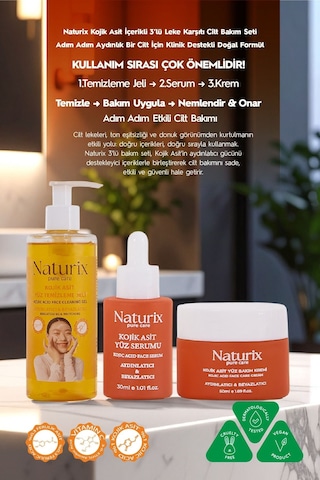 Naturix Kojik Asitli 3'lü Leke Karşıtı Bakım Seti Yüz Temizleme Jeli 250 Ml + Serum 30 Ml + Krem 50 Ml