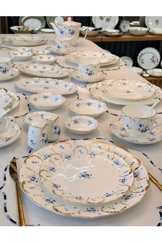 44 Parça Queen Blue Porselen Kahvaltı Takımı -6031 Beyaz