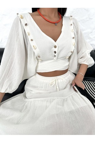 Midyeli V-yaka Bağlamalı Crop Dizaltı Etek Bluz Sahil 2li Takım Beyaz