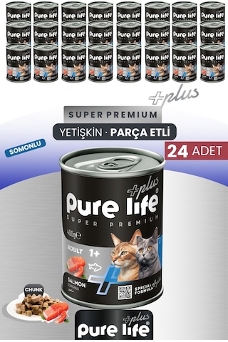 Purelife Plus 24'lü Somonlu Yetişkin Konserve Chunk Parça Etli Yaş Mama 400 G
