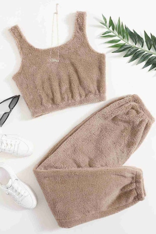 Merry See Kolsuz Askılı Peluş Polar Alt Üst Pijama Takımı Kahverengi 001