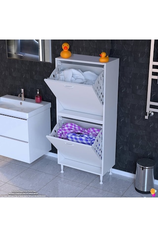 Eliusta Veluna 60 Cm Kirli Çamaşır Sepetli Dolap Banyo Dolabı Beyaz 60x138x32,5 Cm 2 Sepetli Dolap Beyaz