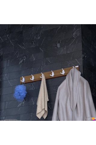 Modilayn Arı Serisi 86,4x9,6 Cm 18 Kancalı - 6'lı Set Banyo Askısı Ekstra Düzen Ve Yer Tasarrufu Beyaz - Ceviz