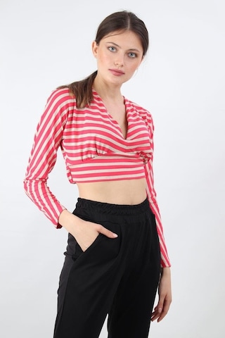 Alexandergardı Çizgili Crop Bluz, Bej-Pembe (B19-153401)