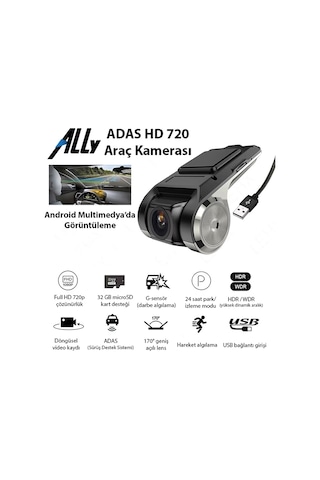 Ally Full Hd Mini Araç İçi Kamera Geniş Açı, Gece Görüşlü, Döngüsel Kayıt, Kompakt Dash Cam