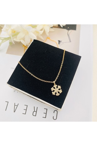 Kar Tanesi Kolye Kadın Zirkon Taşlı Kolye Gold 45cm Gold