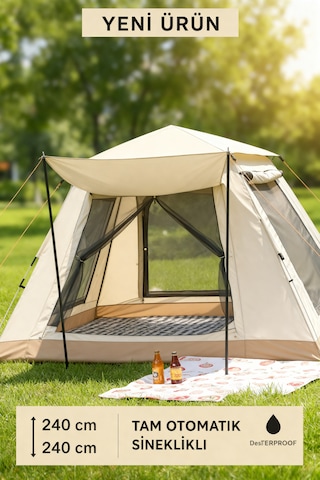 6 Kişilik Otomatik Kurulumlu Kamp Çadırı Sineklikli & 1000 Mm Su Geçirmez Outdoor Çadır Bej Mavi