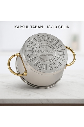 Elit Serisi 20 Cm 3 Lt Gold Kulplu Paslanmaz Çelik Tencere Cam Kapaklı, Şık 18/10-142 Metalik
