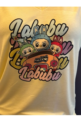 Labubu Baskılı Kadın V Yaka Sarı T-shırt Sarı
