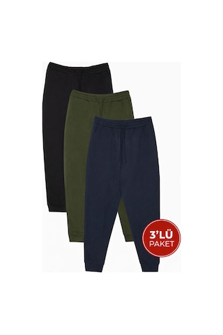 Tudors Erkek 3'lü Paket Siyah-lacivert-haki Regular Fit Beli Bağcıklı Jogger Cepli Lastikli Paça Eşofman Altı-41682 Çok Renkli