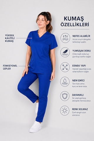 Üniforma Saks Mavi Hemşire Ve Doktor Forması Scrubs Takımı Likralı Alt Üst Üniforma Unisex Yarasa Kol Saks Mavisi