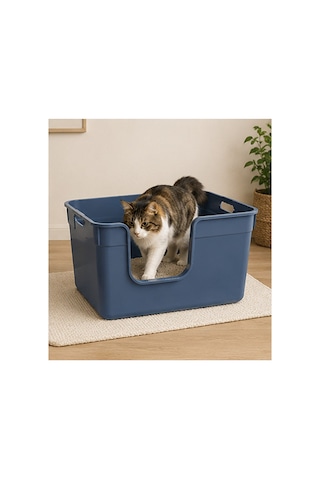Pribor Yüksek Kenarlı Yarı Açık Kedi Tuvaleti, Geniş Ve Kolay Temizlenebilir 54 X 40 X 32 Cm Mavi