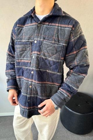 Flaw Ekose Desen Cep Detay Oversize Ceket Lacivert Lacivert