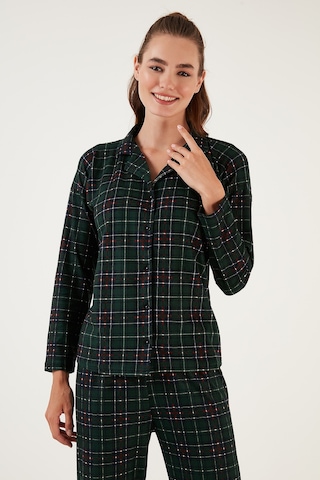 Lela Desenli Beli Lastikli Gömlek Yaka Dokuma Bayan Pijama Takımı 6095660W4 Yeşil