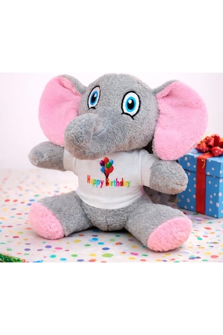 Happy Birthday Tişörtlü Peluş Oyuncak Fil Sevgi Dolu Sürpriz Kutlama Yıldönümü Hatırası Çok Renkli