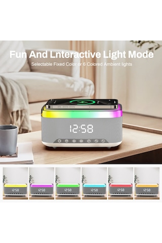 Rgb 13 Mod Led Işıklı Masa Üstü Bluetooth Speaker Masa Saati Alarmlı 15w Kablosuz Şarj Standlı